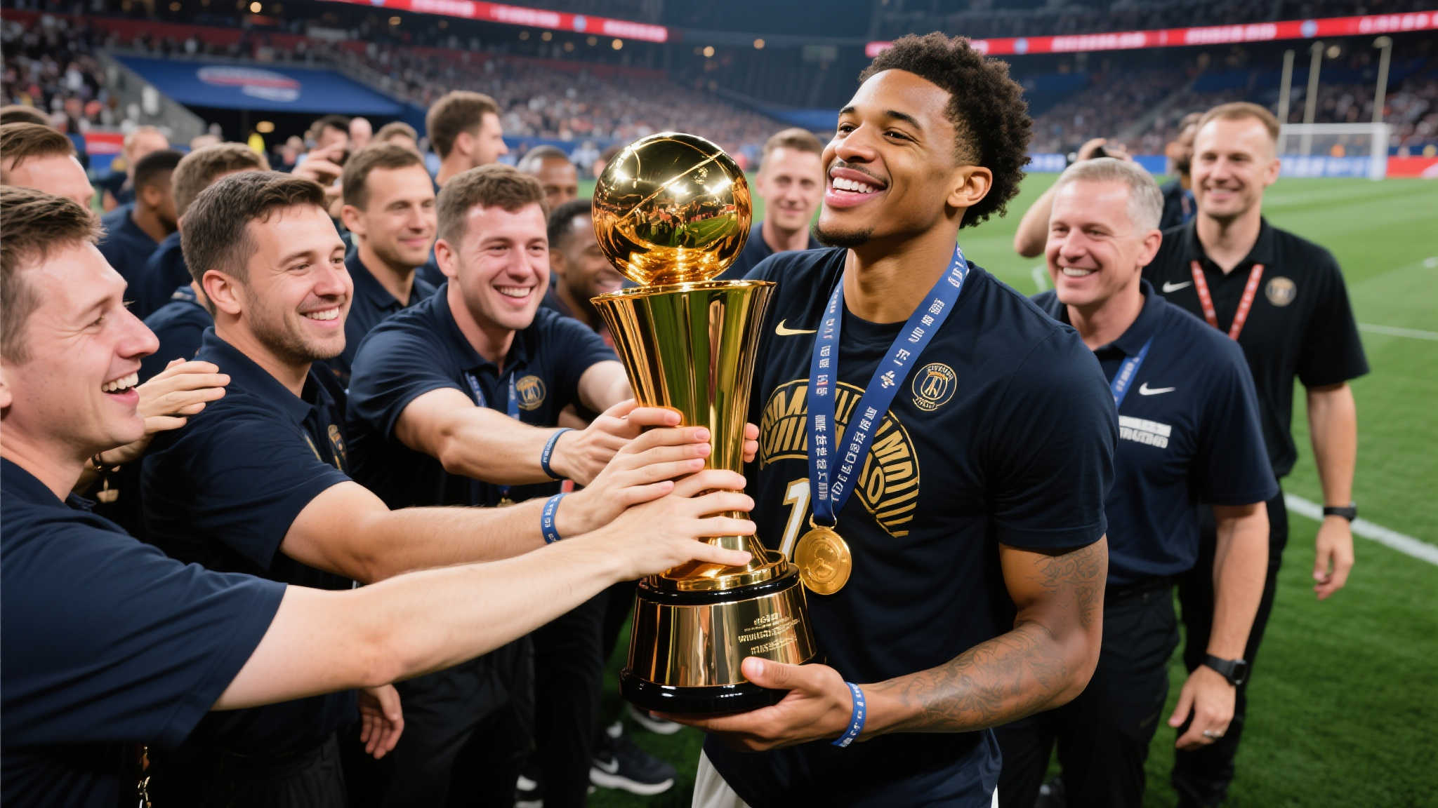 荣耀共享！杰伦-威廉姆斯与团队携手触摸奖杯共庆胜利